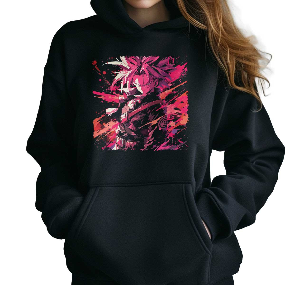 hoodie-anime-trunks-sketch-en-magenta-y-ruby-dise-o-negro