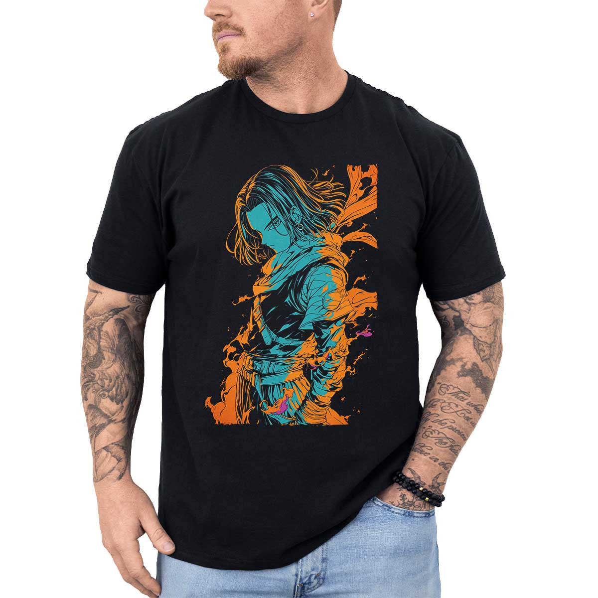 polera-anime-creatividad-android-17-outline-drawing-en-tonos-mezclados-y-tangerina