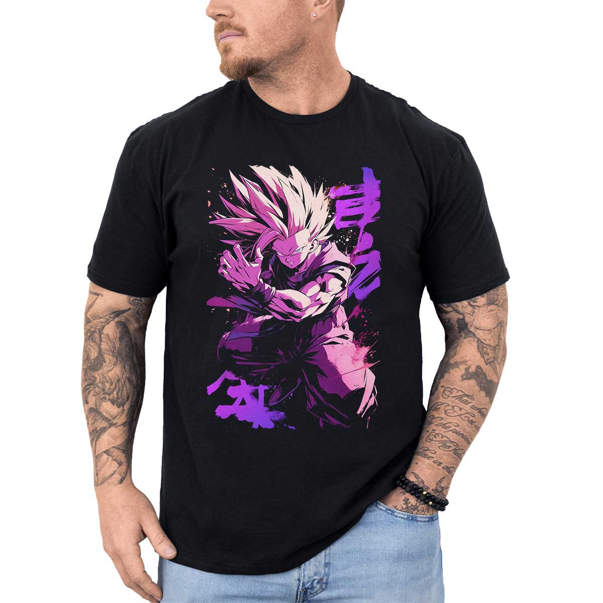 polera-anime-gohan-en-pose-de-pelea-en-colores-amatista-y-rubor