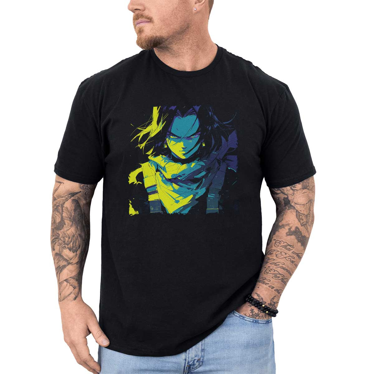 polera-hombre-anime-armon-a-android-17-en-tonos-salvia-y-dorados