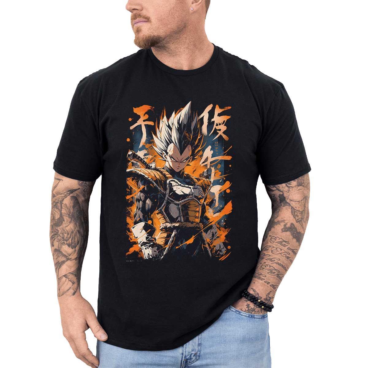 polera-hombre-anime-lisa-equilibrio-visual-vegeta-en-armadura-saga-saiyan-en-colores-capri-y-naranja