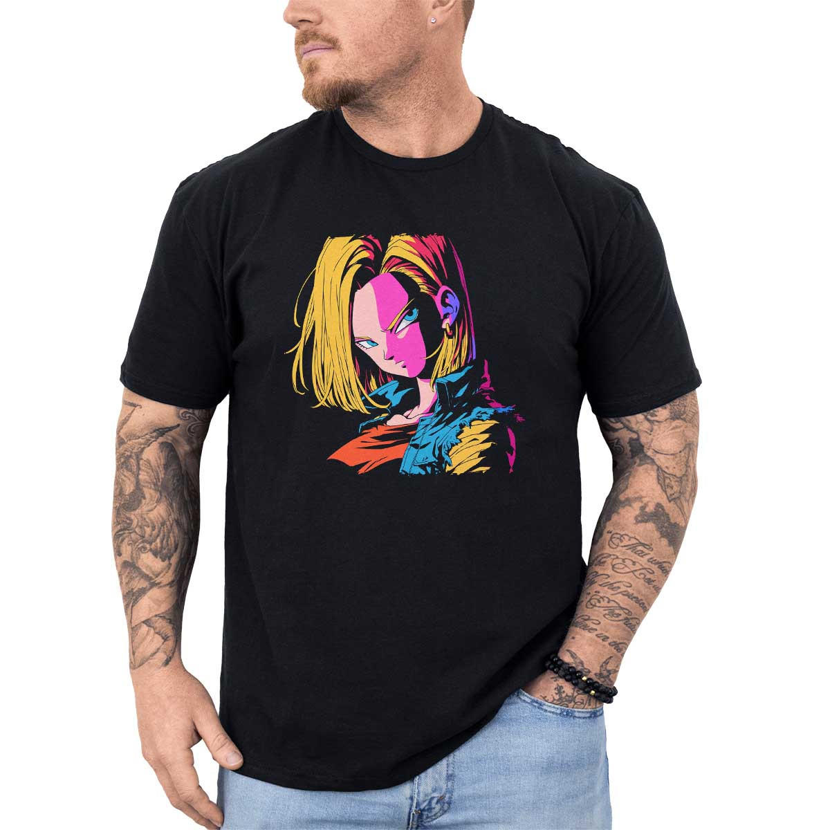 polera-hombre-anime-modernidad-android-18-rostro-en-closeup-en-colores-canario-y-coral