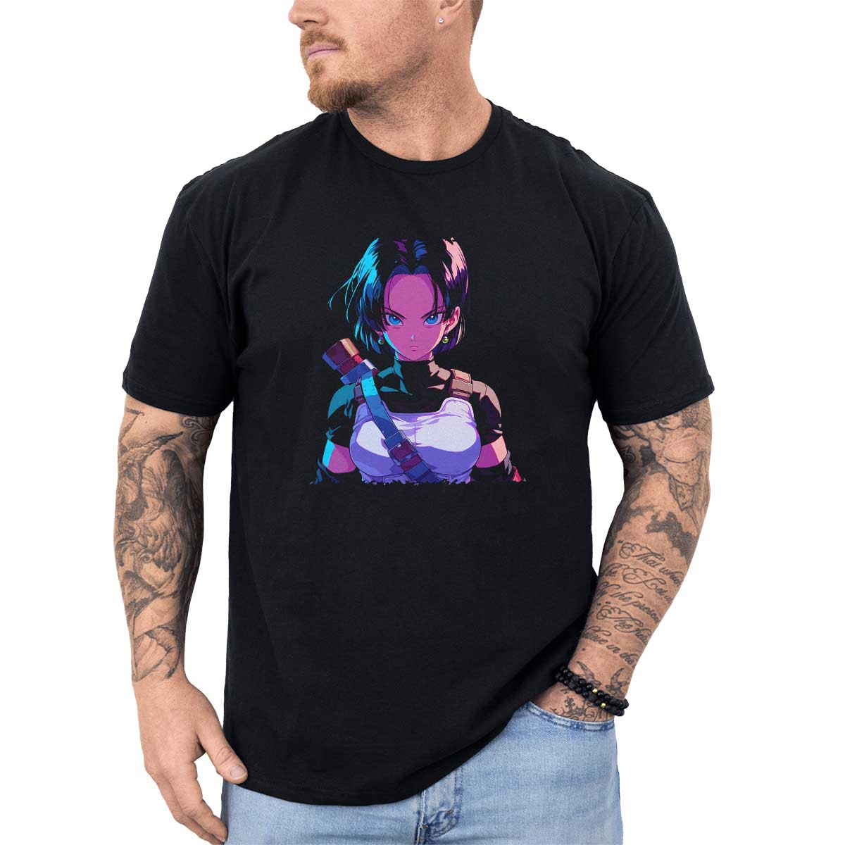 polera-hombre-anime-videl-con-mirada-decidida-en-lila-y-cian