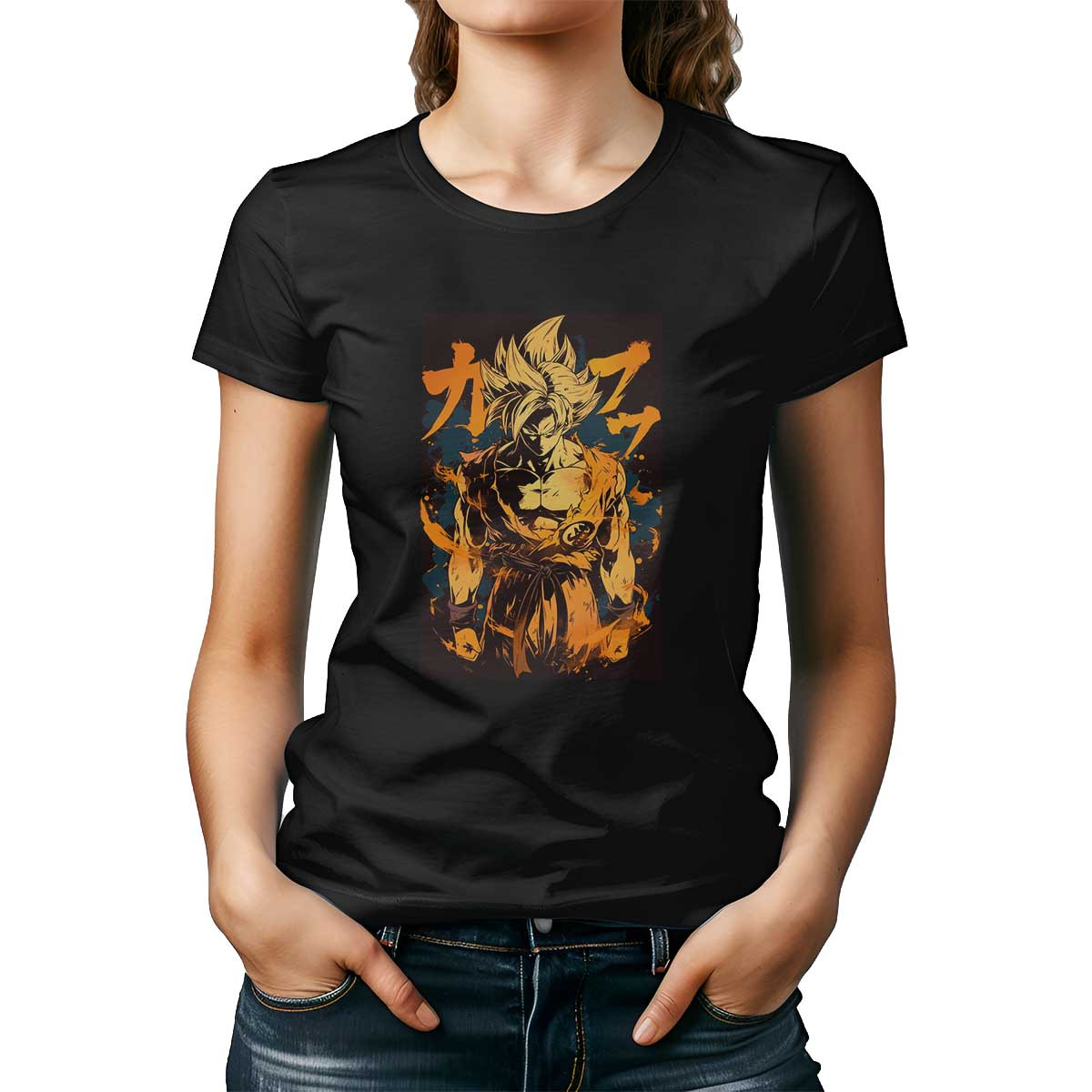polera-mujer-estampada-frontal-minimalismo-goku-con-nube-en-color-mbar-y-zafiro