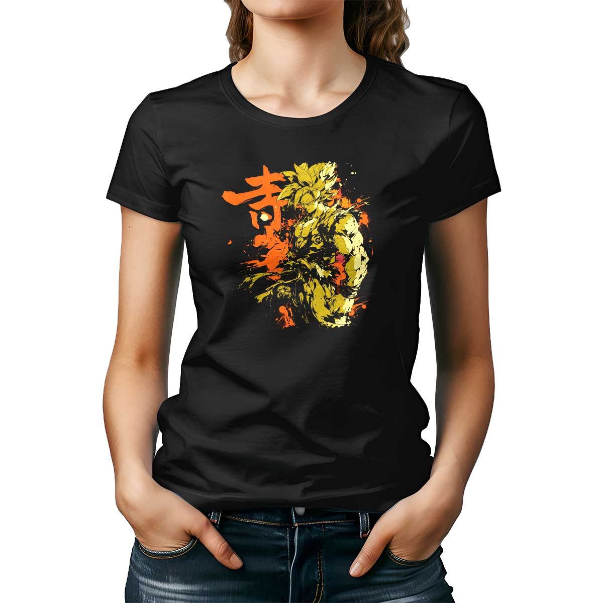 polera-mujer-negro-lineales-goku-saiyan-armor-chartreuse-terracotta