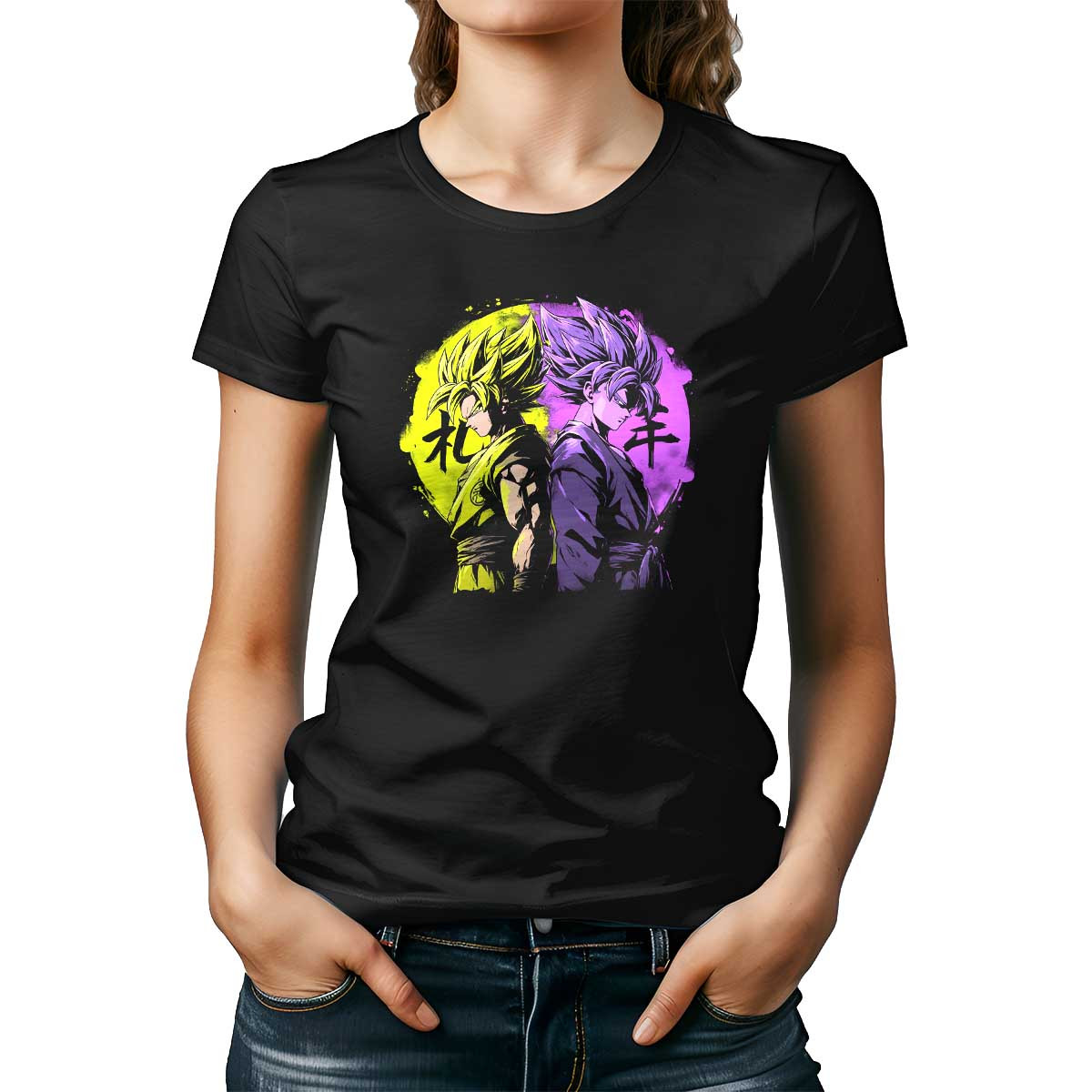polera-mujer-pop-art-goku-y-vegeta-espalda-con-espalda-en-colores-lima-y-p-rpura