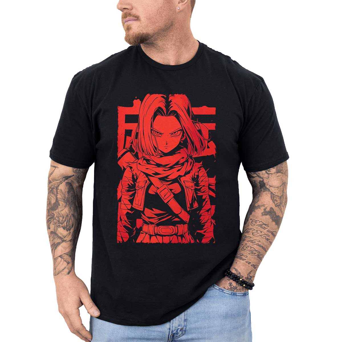 poleras-anime-android-17-estilo-tinta-en-colores-apagados-y-rojo