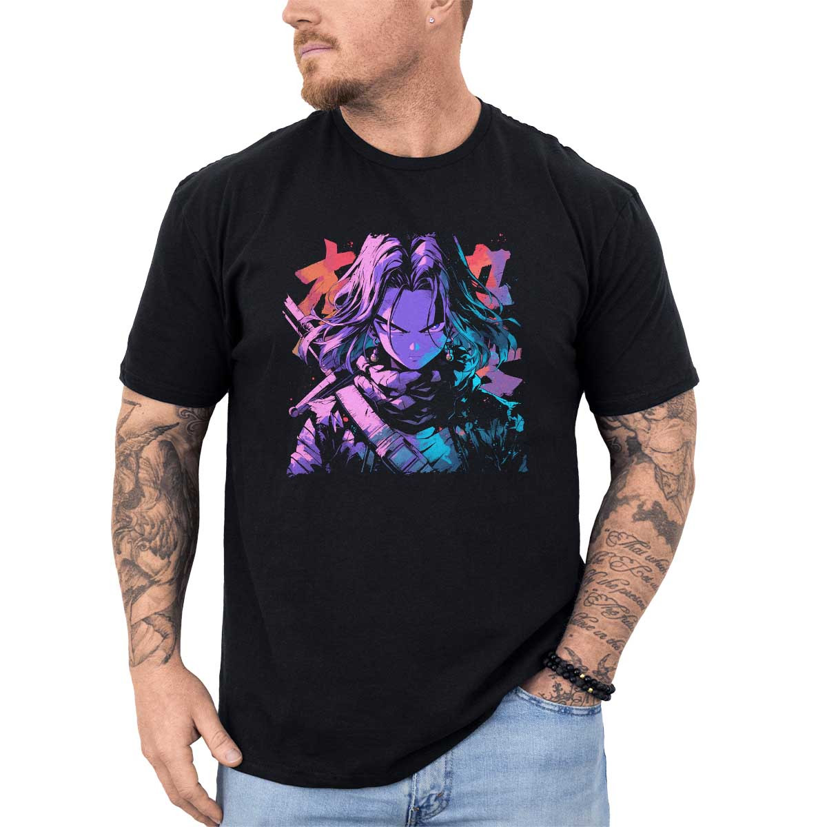 poleras-anime-android-17-negro-efecto-visual-estilo-tinta-en-azul-iridiscente