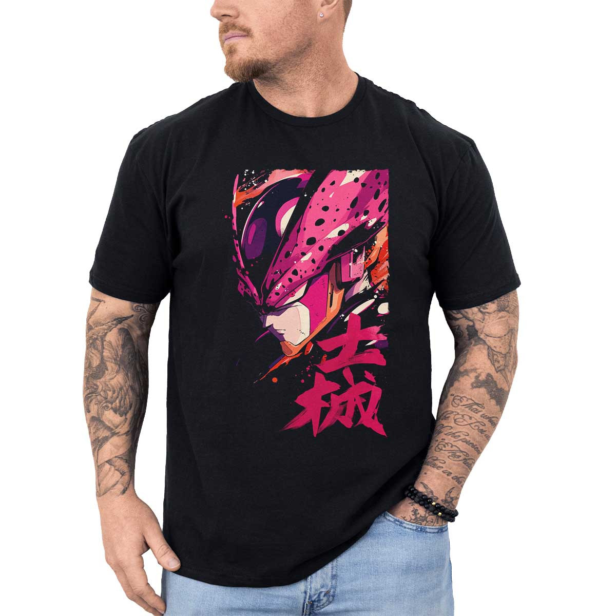 poleras-anime-cell-de-dragon-ball-en-closeup-dram-tico-en-color-ciruela-y-salm-n