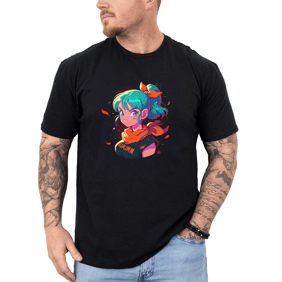 poleras-hombre-anime-bulma-sketch-en-colores-mandarina-y-peon-a