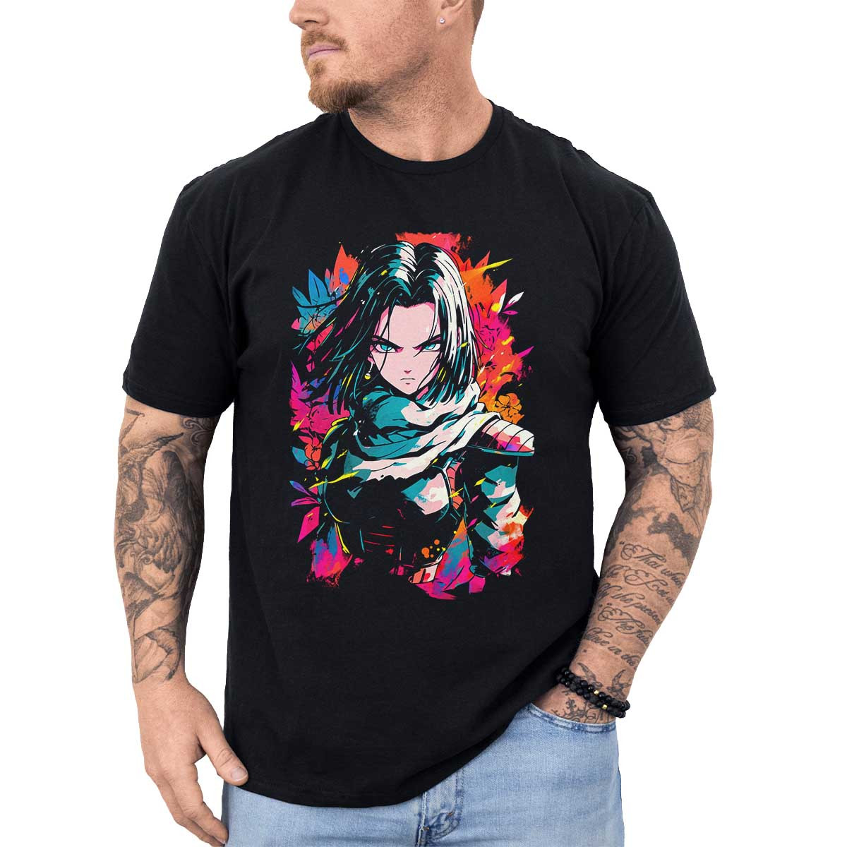 poleras-hombre-anime-equilibrio-visual-android-17-y-rosas-en-acuarelas