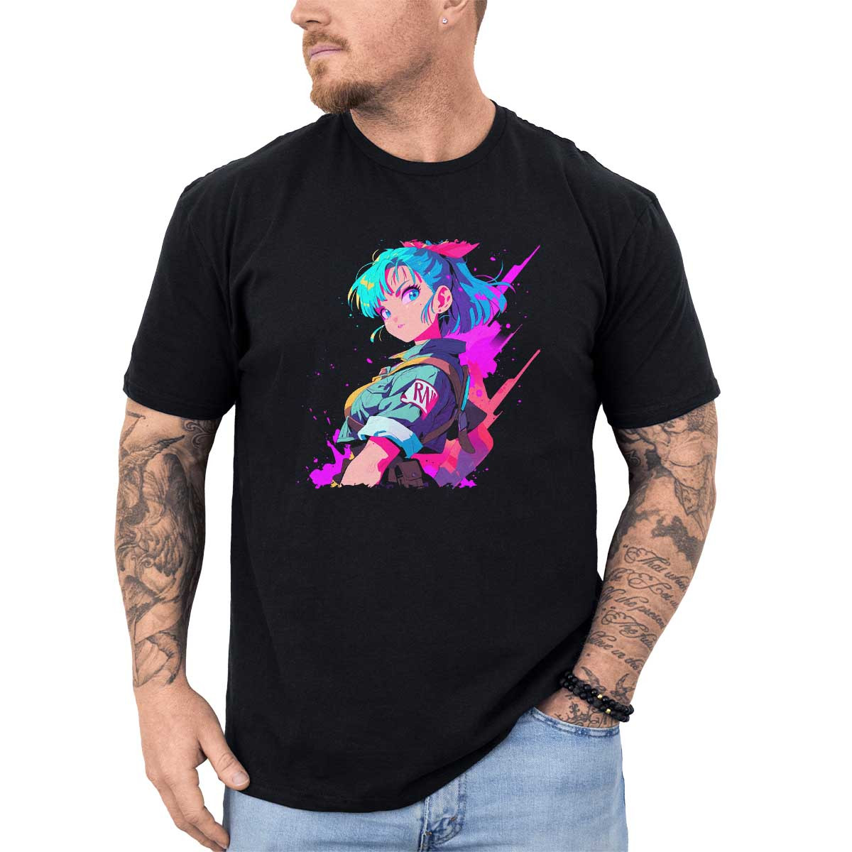 poleras-hombre-anime-manga-corta-bulma-sketch-en-colores-iridiscentes-y-topacio