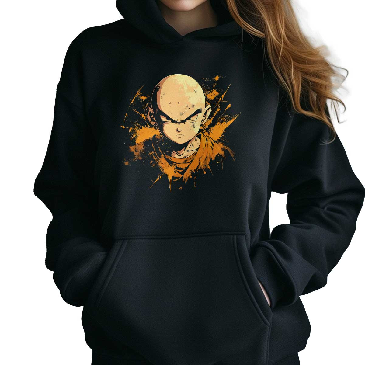 poleron-anime-con-capucha-krillin-serio-en-acuarela-y-naranja-quemado