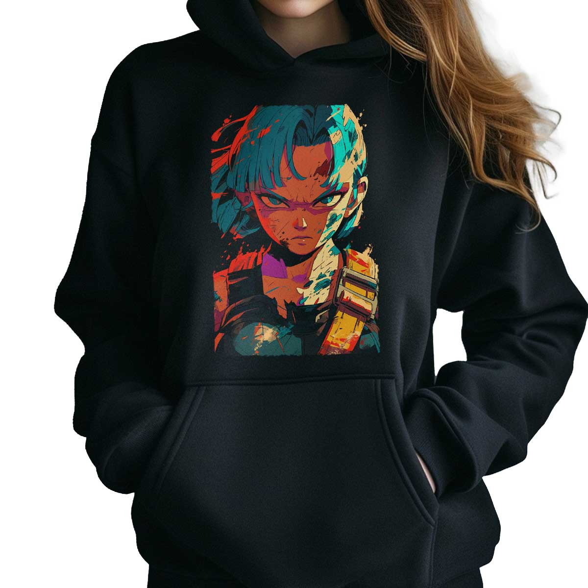 poleron-anime-estampada-bulma-face-closeup-en-acuarela-y-colores-herrumbre
