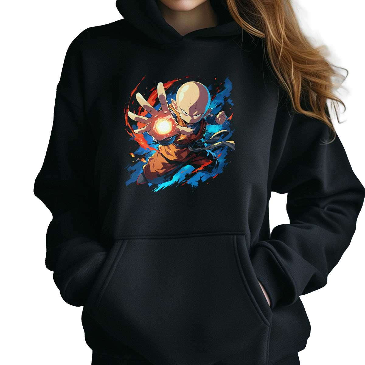 polerones-anime-krillin-en-pose-de-lucha-en-naranja-quemado-y-zafiro