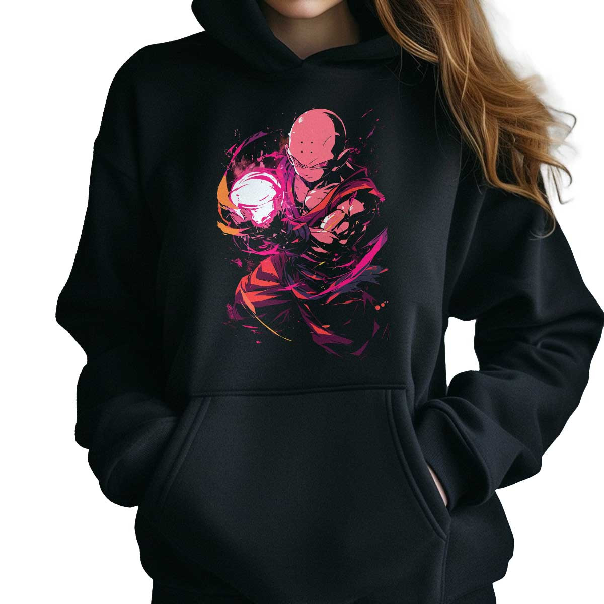 polerones-anime-krillin-fighting-en-tonos-resplandecientes-y-sonrosados