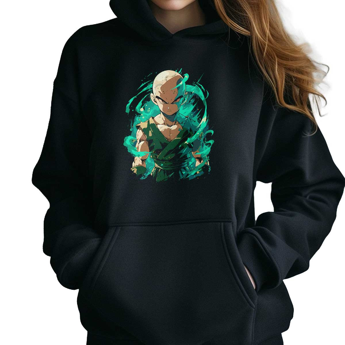 polerones-anime-krillin-mirada-determinada-verde-y-medianoche
