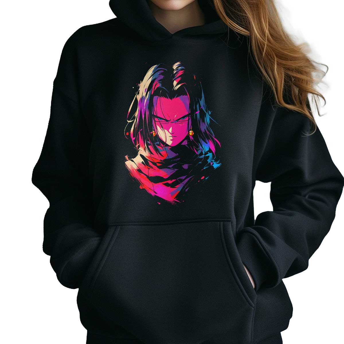 polerones-anime-mujer-android-17-en-acuarelas-y-tonos-rosados