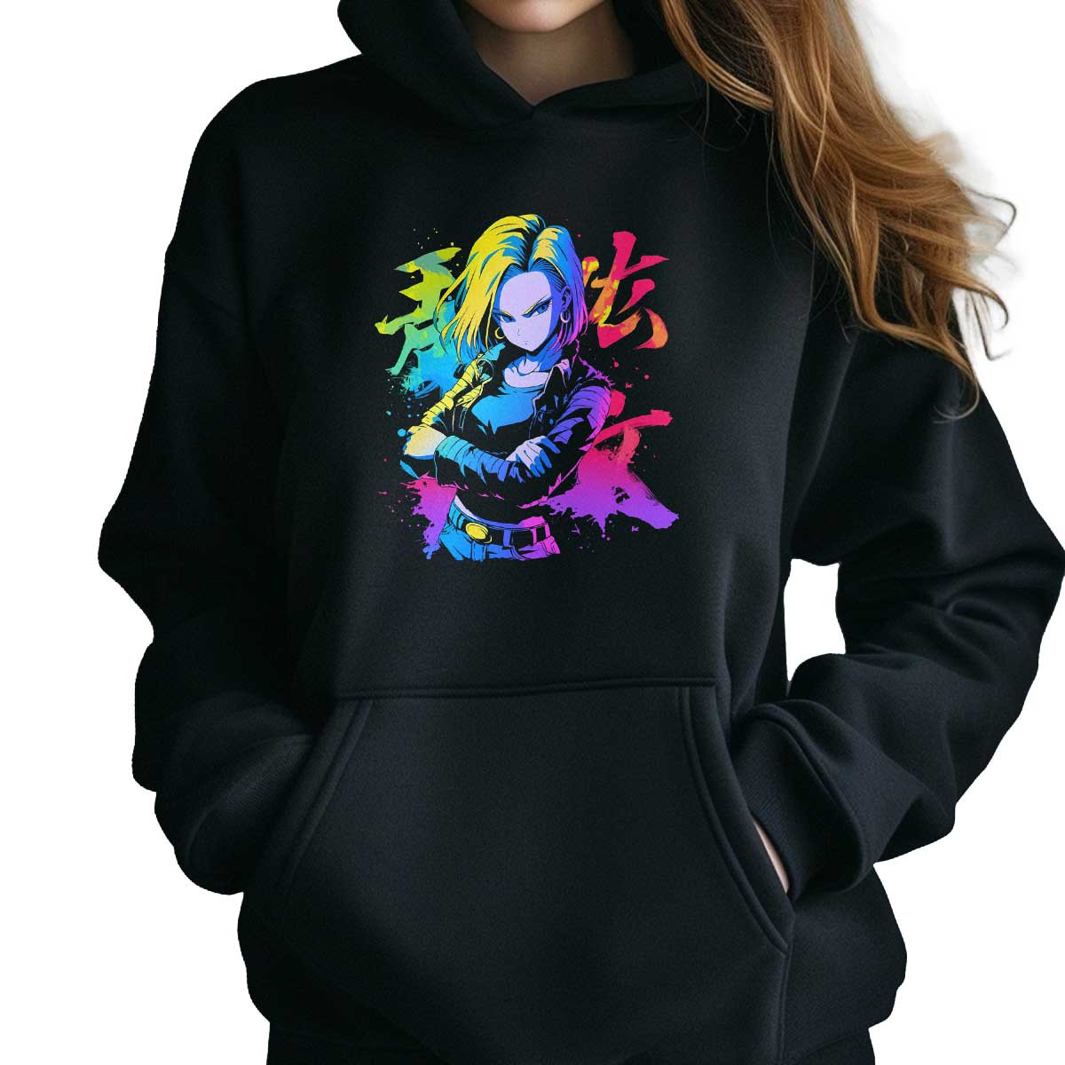 polerones-anime-mujer-android-18-con-caligraf-a-japonesa-y-arco-ris