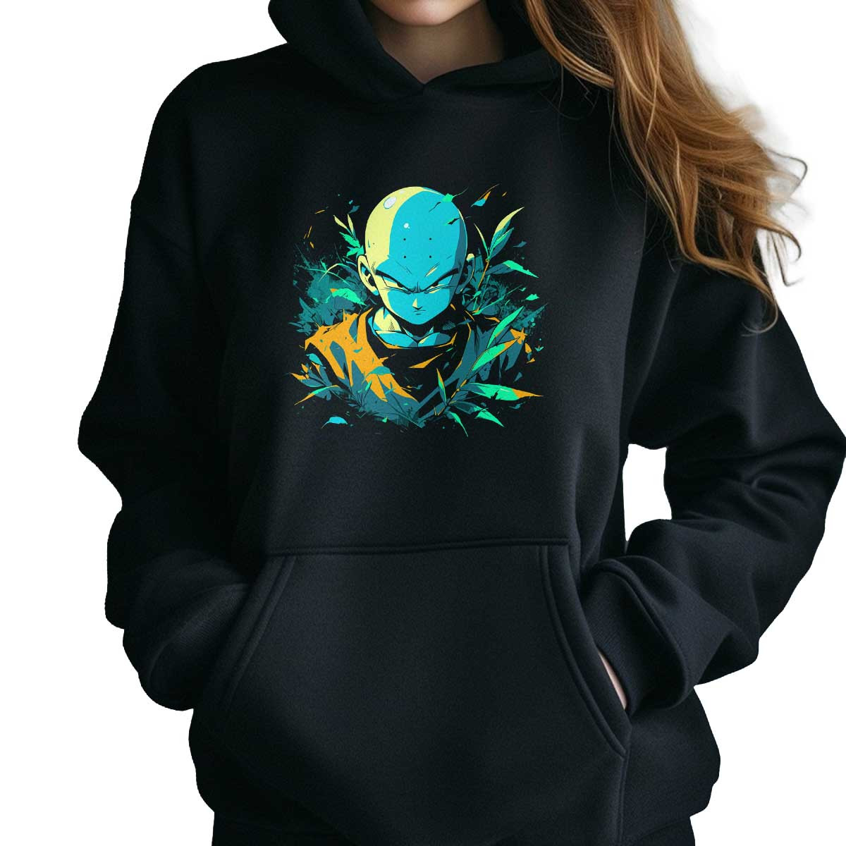 polerones-anime-mujer-krillin-en-bosque-con-colores-cian