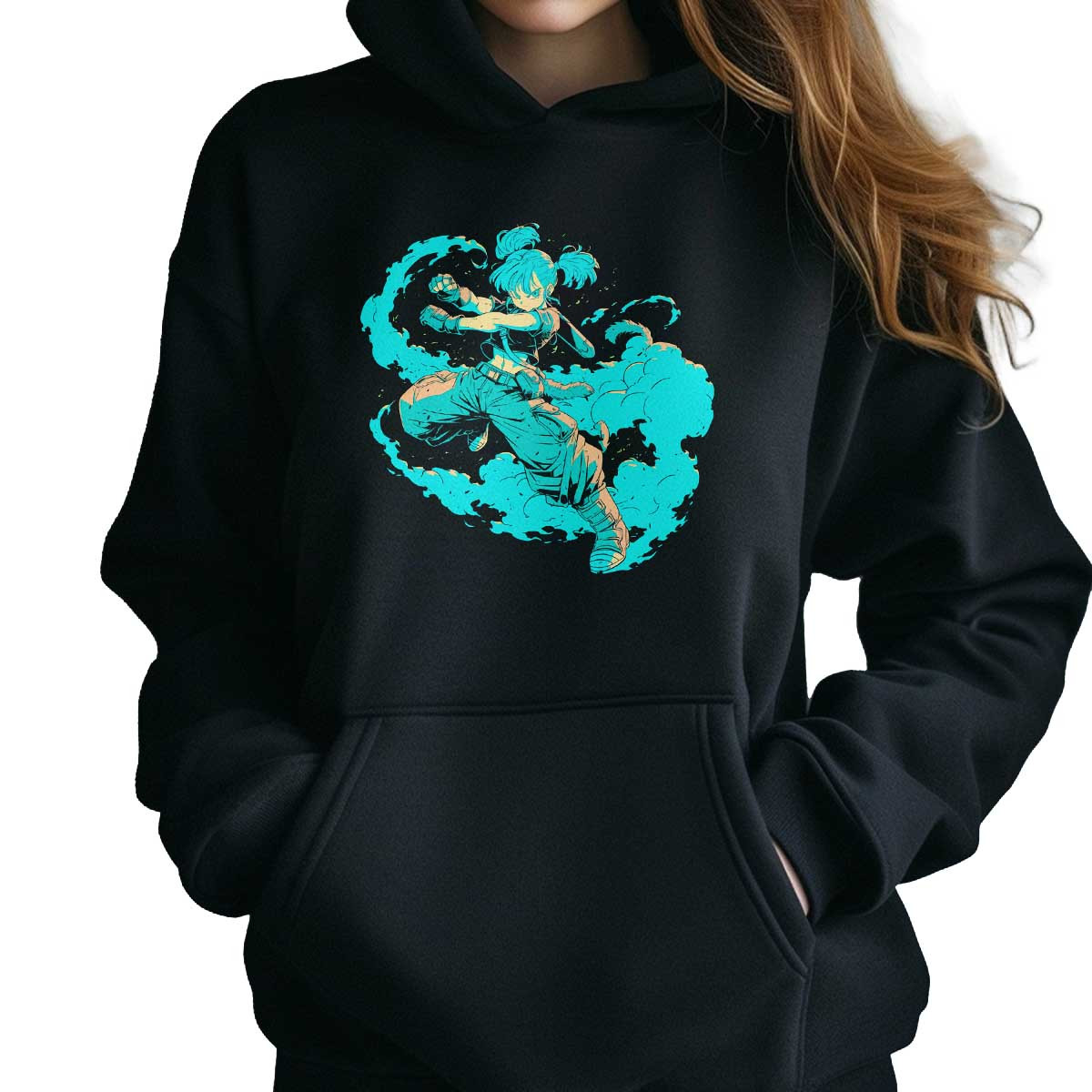 polerones-anime-mujer-pose-de-bulma-en-teal-y-cobalto